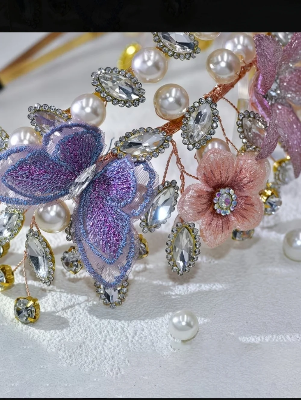 Rhinestone Tiara with Floral and Pearl Accents